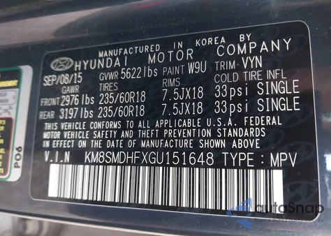 2016 Hyundai Santa Fe Se from USA, damaged, VIN KM8SMDHFXGU151648